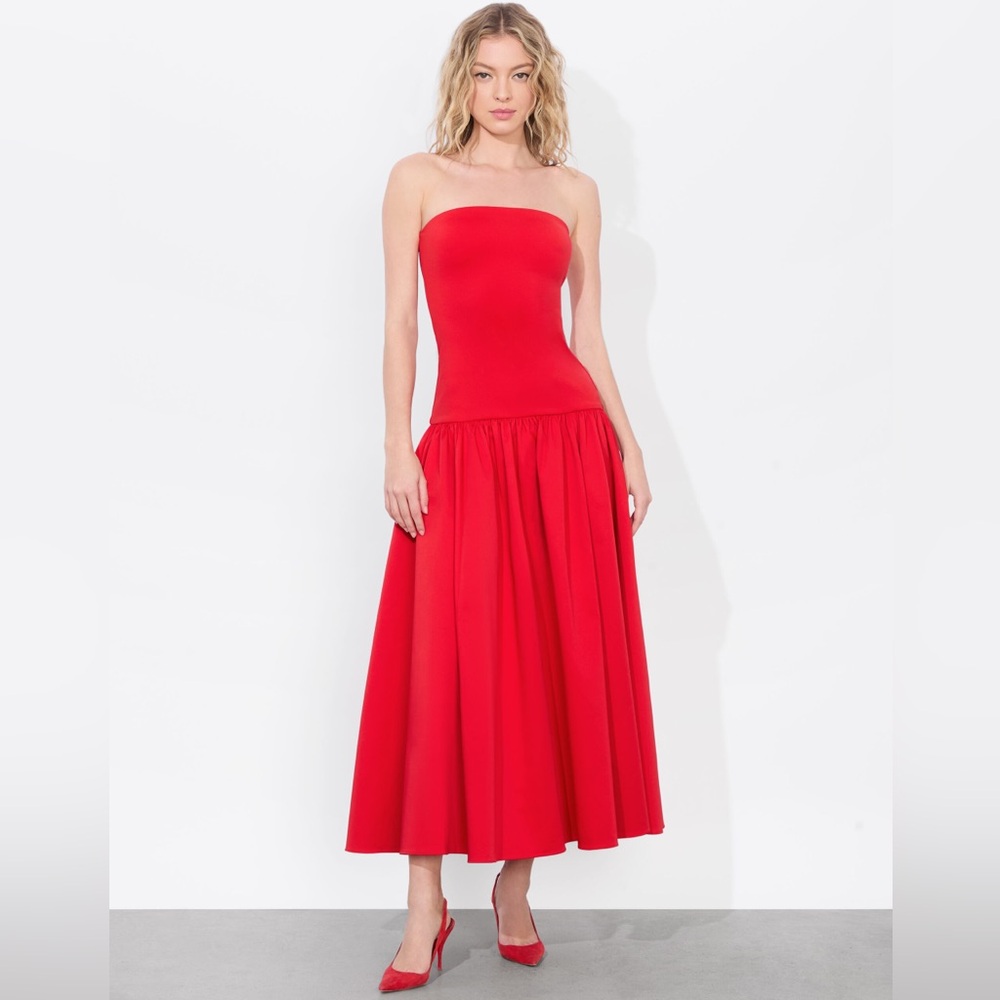 Alice + Olivia Women's Oriana Strapless Drop-Waist Midi Dress Bright Ruby Red